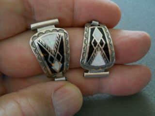 Native American Onyx / Jet White Fire Opal Inlay Sterling Silver Watch Bracelet
