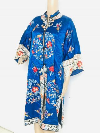 Vintage Japanese Garden Silk Blend Blue Floral Robe Kimono M/l