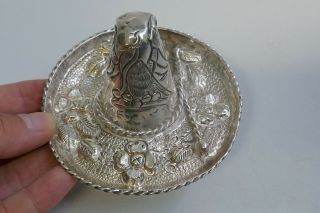 Vintage Mexican Silver Sombrero Hat Figurine With Repousse & Phoenix Design