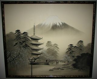 Vintage Japanese Ink Painting On Silk Japan Mount Fuji Pagoda Temple Bridge