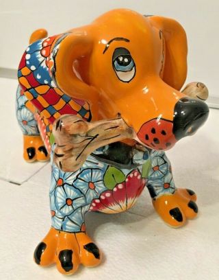 Mexican Pottery Animal Talavera Dog Figure Dachshund Wiener Folk Art