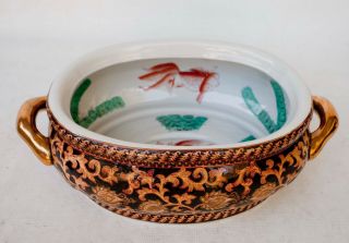 Chinese Porcelain Oval Koi Fish Bowl Planter Decorative Pot Gold Handled