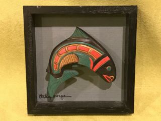 Signed salmon carving Native American Artie George Salish wood Canada sculpture 2