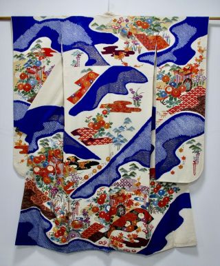 Japanese Kimono Silk Furisode / Shibori & Gosyoguruma / Blue / Silk Fabric /447