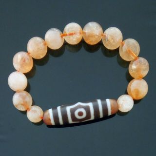 Authentic Old Agate 3 - Eyed Dzi Bead With Citrine Feng Shui Wealth Bracelet