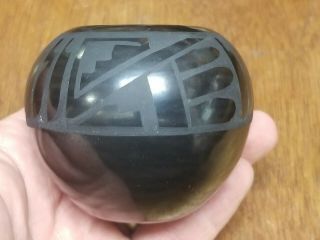 Carved Black on Black San Ildefonso Pueblo Pottery Olla Vase by Helen Gutierrez 2