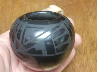 Carved Black on Black San Ildefonso Pueblo Pottery Olla Vase by Helen Gutierrez 3