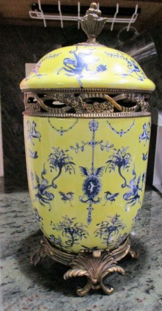 Chinoiserie Yellow And Blue Porcelain Covered Jar / Pot W Brass Ormolu Accents