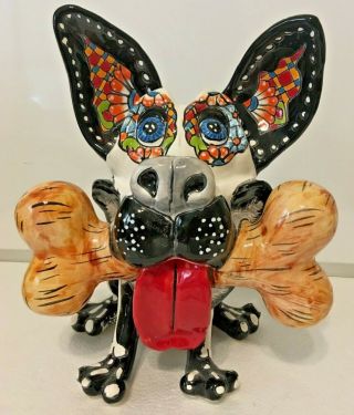 Mexican Talavera Dog W/bone Day Of The Dead Animal Figure Art Gerardo Garcia