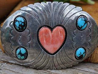 Southwestern Sterling Silver Belt Buckle W/ Turquoise & Pink Heart Stones