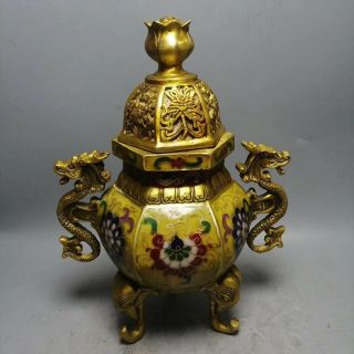 Chinese Cloisonne Incense Burner Carved Trunk Three Feet Brass Statue Dx007