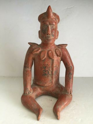 Large Pre Columbian Colima Terracotta Seated Shaman Figure Scalloped Collar 14 "