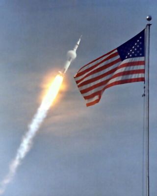 8x10 Nasa Photo: Apollo 11 Lunar Landing Mission Launch Over American Flag