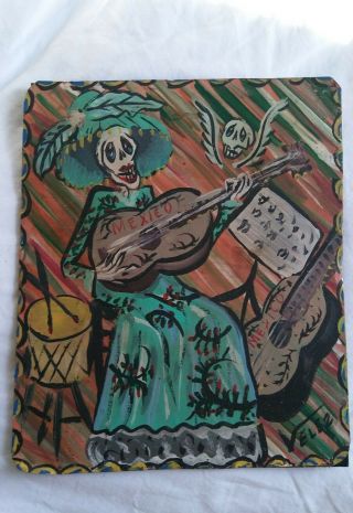 Rare Mexican Folk Art Velez Tin Painting Day Of The Dead La Muerte Blue Dress