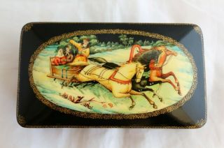 Authentic Vintage Russian Fedoskino Lacquer Paper Mache Hand Painted Troika Box
