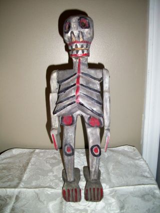 Vintage San Pascual Day Of The Dead Folk Art Skeleton Carving Mexican Wood 14.  5 "