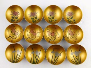 Vintage Japanese Lacquerware Golden Flowers Set Of 12 Sake Cups Good Cond