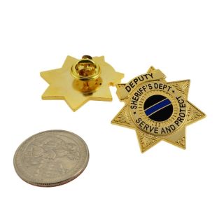 Deputy Sheriff Mini Badge Lapel Pin 7 Point Star Thin Blue Line Gold Tbl