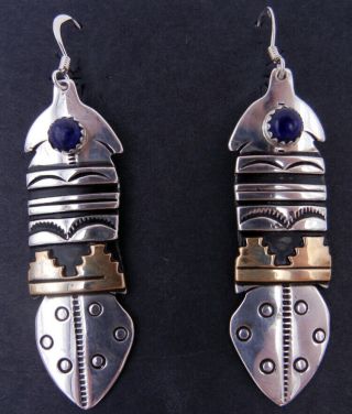 Navajo Rosita Singer Lapis,  Sterling And Gold Fill Overlay Feather Earrings