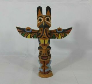Vintage Hand Carved Painted Native American Totem Pole W Wings 8 3/8 "