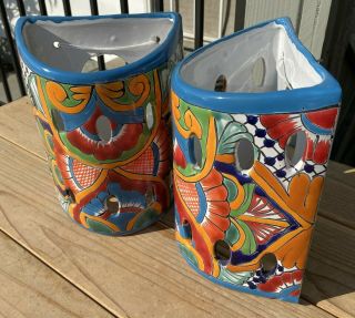 2 matching Talavera Pottery wall sconces turquoise red gold 9 