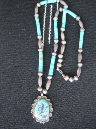 VINTAGE NATIVE AMERICAN NAVAJO STERLING TURQUOISE HEISHI BENCH BEAD NECKLACE 2