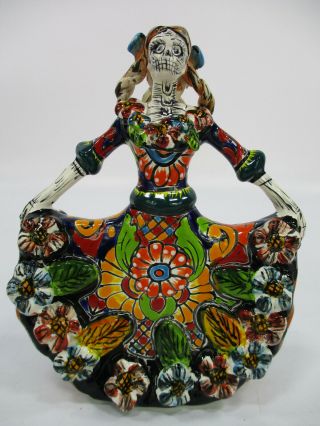 7 " Talavera Catrina With Dancing Dress,  Mexican Colorful Day Of The Dead Figure