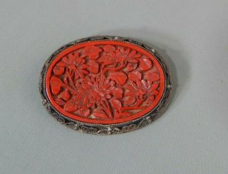 Vintage Chinese Export Silver Filigree Carved Cinnabar Flower Brooch Pin