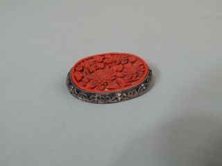 Vintage Chinese Export Silver Filigree Carved Cinnabar Flower Brooch Pin 2