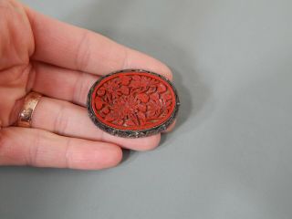 Vintage Chinese Export Silver Filigree Carved Cinnabar Flower Brooch Pin 3