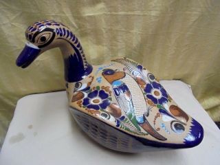 LG Mexican Stoneware Pottery Duck Display Signed Mexico C.  O.  Cobalt Blue 13.  5 