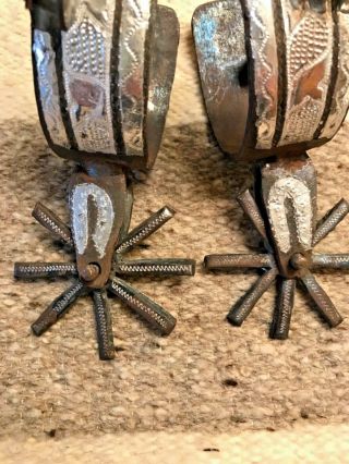 Vintage Antique Hand Forged Mexican Charro Spurs - 3” Rowels.  Silver Inlay. 3