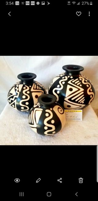 Set Of 3 Vintage Art Pottery Chulucanas Signed Peru Vase Geometric Black White