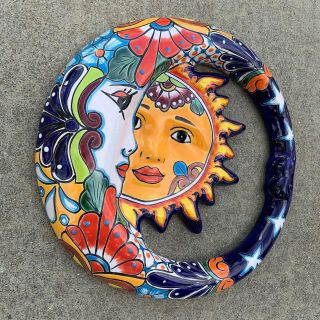 Sun & Moon Eclipse - Mexican Talavera Pottery Sun Moon Ceramic - Folk Art 14” 2 3