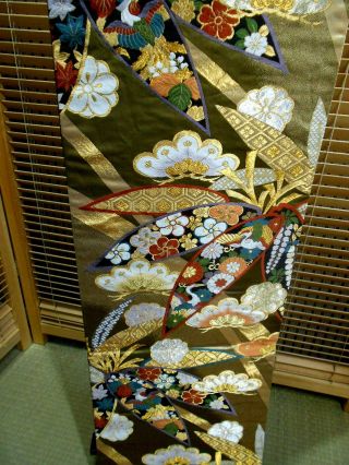 Japanese Kimono Silk Fukuro Obi,  Rokutu,  Gold /silver,  Flower & Bird, .  903.  F/s