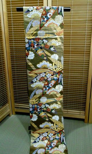 Japanese Kimono SILK Fukuro OBI,  Rokutu,  Gold /Silver,  Flower & Bird, .  903.  F/S 2