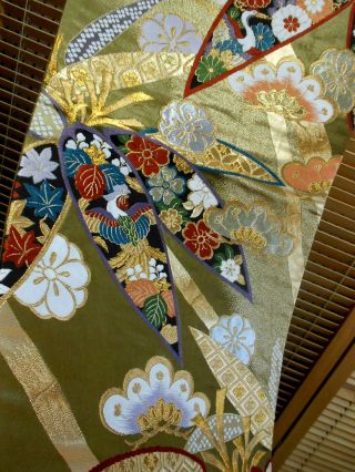 Japanese Kimono SILK Fukuro OBI,  Rokutu,  Gold /Silver,  Flower & Bird, .  903.  F/S 3