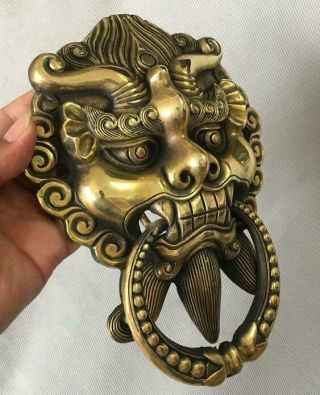 8 " Folk China Fengshui Brass Fu Foo Dog Guardion Lion Mask Statue Door Knocker