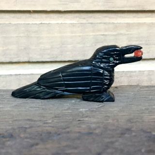 Zuni Fetish - Native American - Zuni Animal Carving - Black Raven W/berry - E.  Mackel