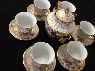 15 Pc Tea Set Tea Pot 6 Cups 6 Saucers Rack Coffee Cup Multi 7 oz Porcelain BB 2