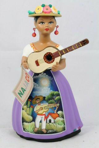 Lupita Najaco Ceramic Doll Figurine Hat W Guitar Mexican Lilac Skirt Folk Art