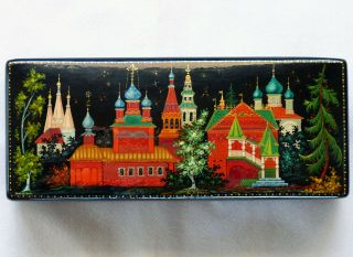 Vintage Russian Kholui Signed Hand - Painted Lacquer Box “uglich” By Gurunova