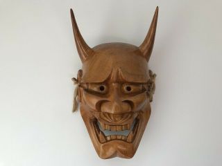 Japanese Wooden Hand Carving Noh Mask Vtg Signed Demon Head Hannya Kabuki G364