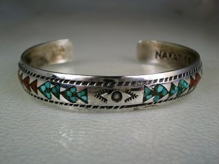Old Nakai Navajo Sterling Silver & Turquoise Coral Inlay Rug Pattern Bracelet