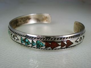 OLD Nakai NAVAJO STERLING SILVER & TURQUOISE CORAL INLAY RUG PATTERN BRACELET 2
