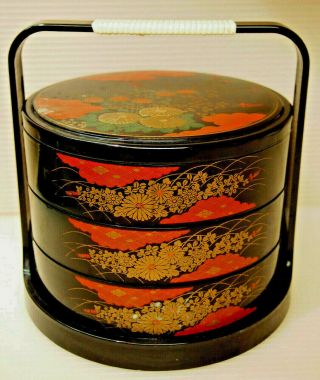 Asian 3 Tiers Stacking Lunch Box Black Lacquered Plastic By Jubako Bento