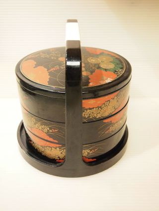 ASIAN 3 TIERS STACKING LUNCH BOX BLACK LACQUERED PLASTIC by JUBAKO BENTO 2