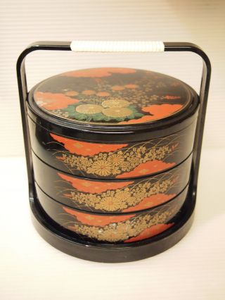 ASIAN 3 TIERS STACKING LUNCH BOX BLACK LACQUERED PLASTIC by JUBAKO BENTO 3