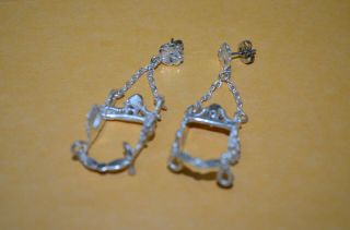 Rare Detailed Mini Horse Bit Dangle Earrings Sterling Silver Small Flower Top