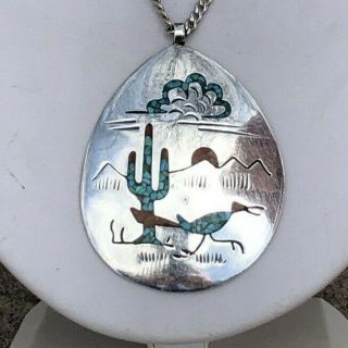 Vintge Signed SB Sterling Navajo Type Design Pendant & Chain W Turquoise & Coral 2